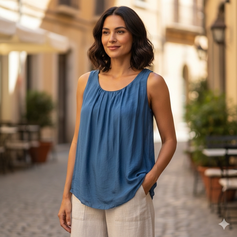 NWT Tina Stephens Emma Silk Gathered Front Tank in Peacock - Made in Italy